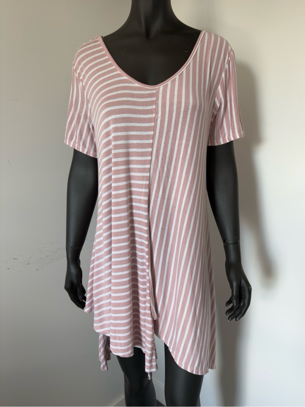 256. Italian Asymmetrical Striped Pink & White V-Neck Dress